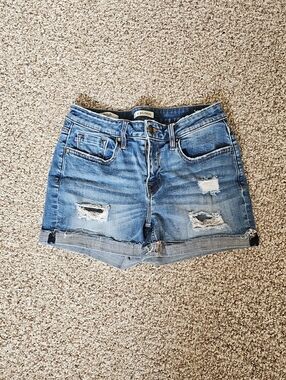 Vigoss Distressed Medium Wash Denim Shorts with Frayed Hem